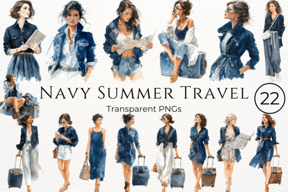 Download Navy Summer Travel Watercolor Clipart - Travel watercolor clipart Collection