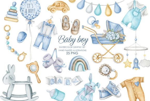 Download Watercolor Baby Boy Nursery Clipart - Premium Bundle