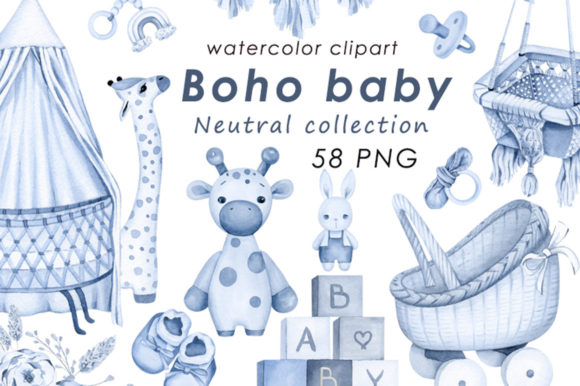 Download Baby Boy Boho Blue Watercolor Clipart - Premium Bundle